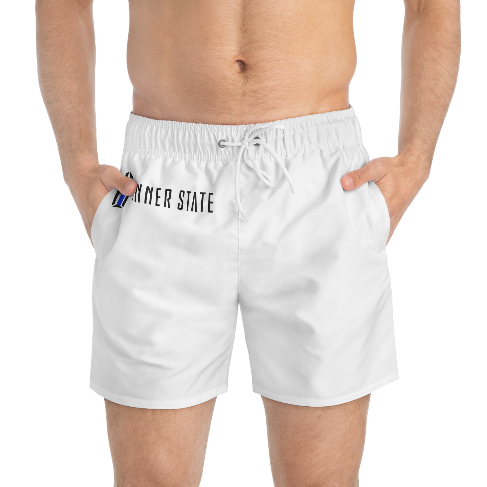 Inner State Logo Swim Trunks — Men’s White Beach Shorts