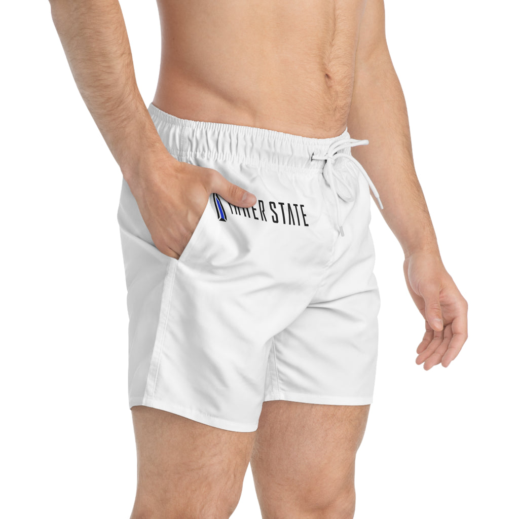 Inner State Logo Swim Trunks — Men’s White Beach Shorts