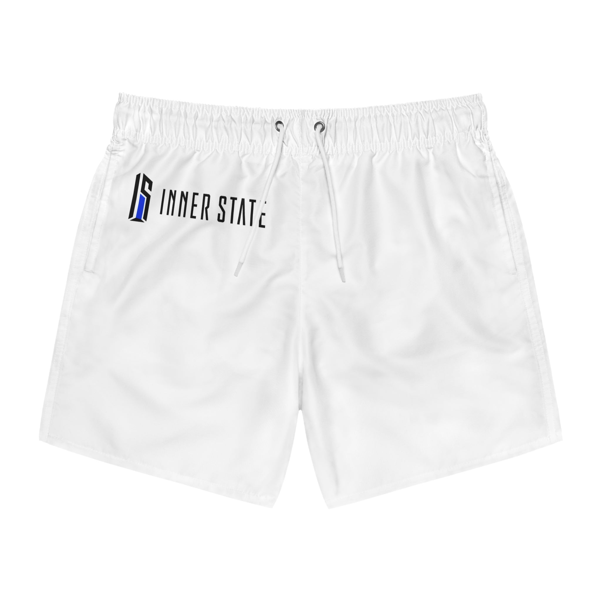 Inner State Logo Swim Trunks — Men’s White Beach Shorts